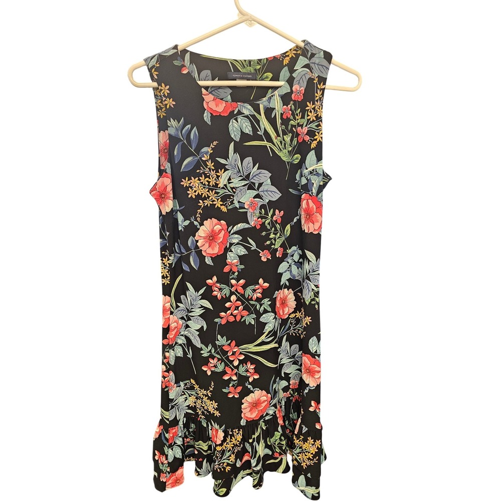 Tommy Hilfiger Womens Floral Sleeveless Ruffle Hem Shift Dress Black Size 6